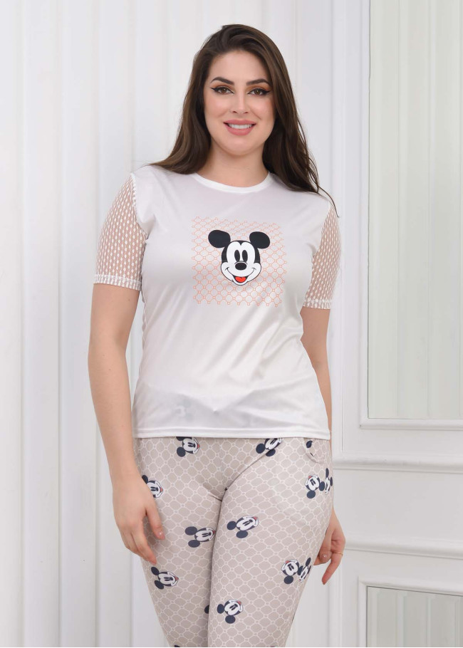 Women's T-Shirt Trousers Pajamas Set with Lace on the Sleeve 1080 Bej