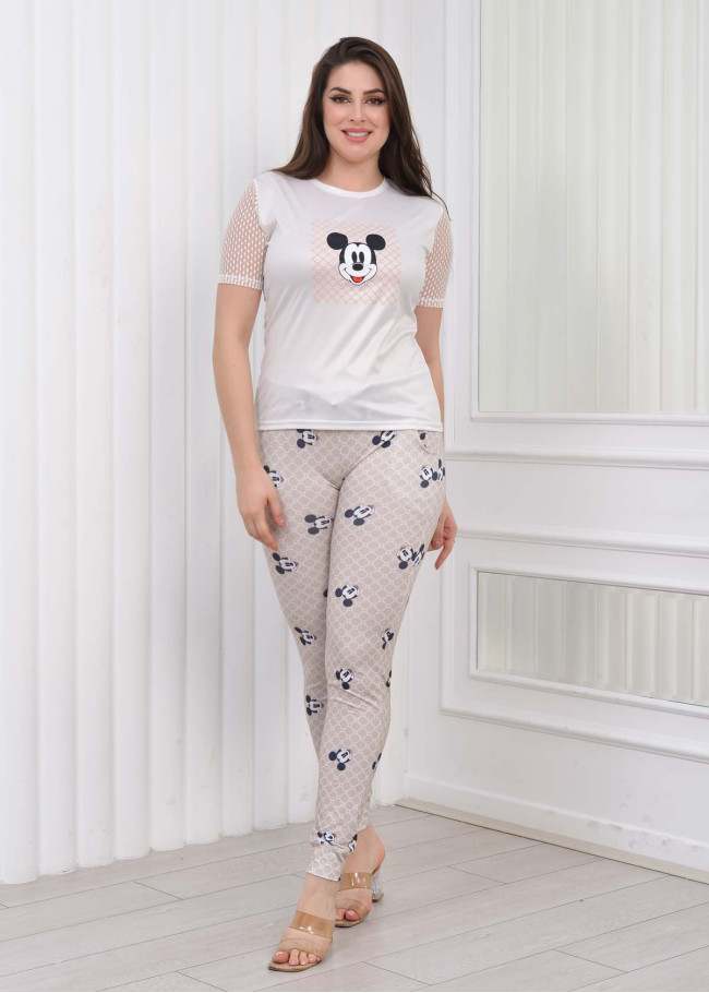 Women's T-Shirt Trousers Pajamas Set with Lace on the Sleeve 1080 Bej