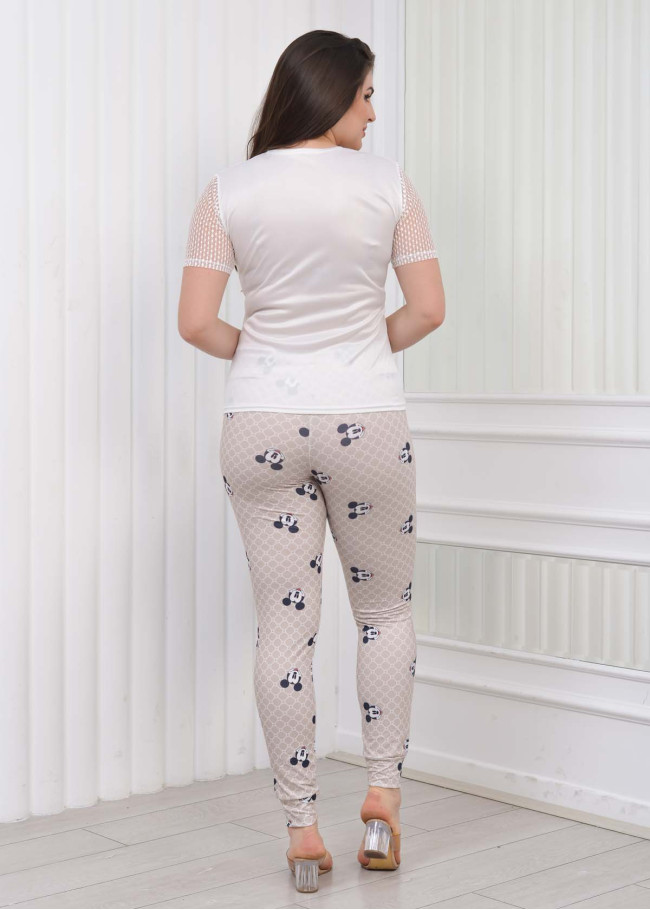 Women's T-Shirt Trousers Pajamas Set with Lace on the Sleeve 1080 Bej