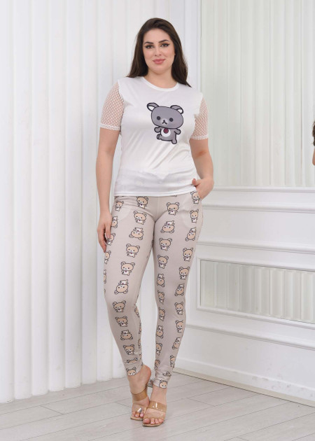 LACE SLEEVE Women's T-Shirt Pants Pajama Set 1081 Bej