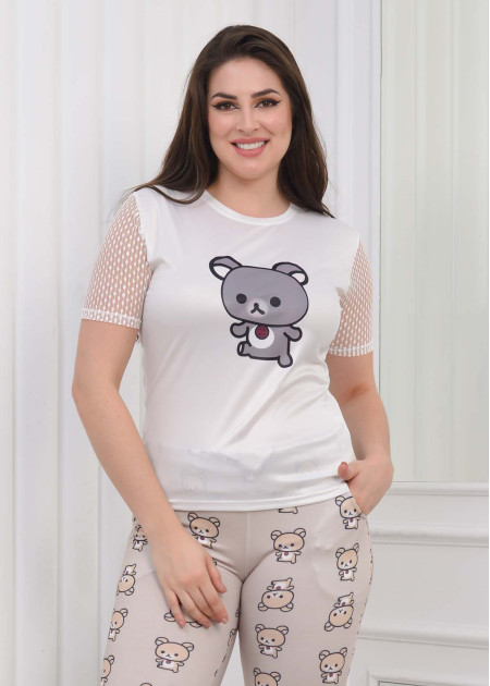 LACE SLEEVE Women's T-Shirt Pants Pajama Set 1081 Bej
