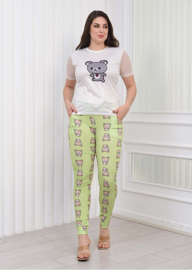 LACE SLEEVE Women's T-Shirt Pants Pajama Set 1081 Açık Yeşil