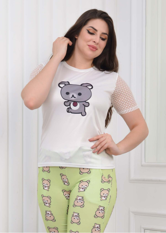LACE SLEEVE Women's T-Shirt Pants Pajama Set 1081 Açık Yeşil
