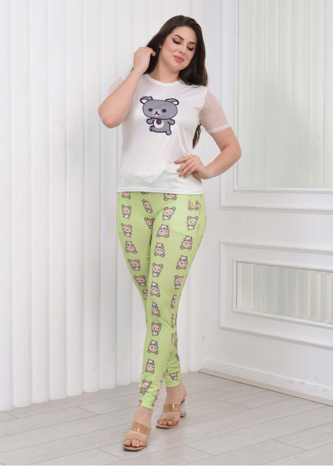 LACE SLEEVE Women's T-Shirt Pants Pajama Set 1081 Açık Yeşil