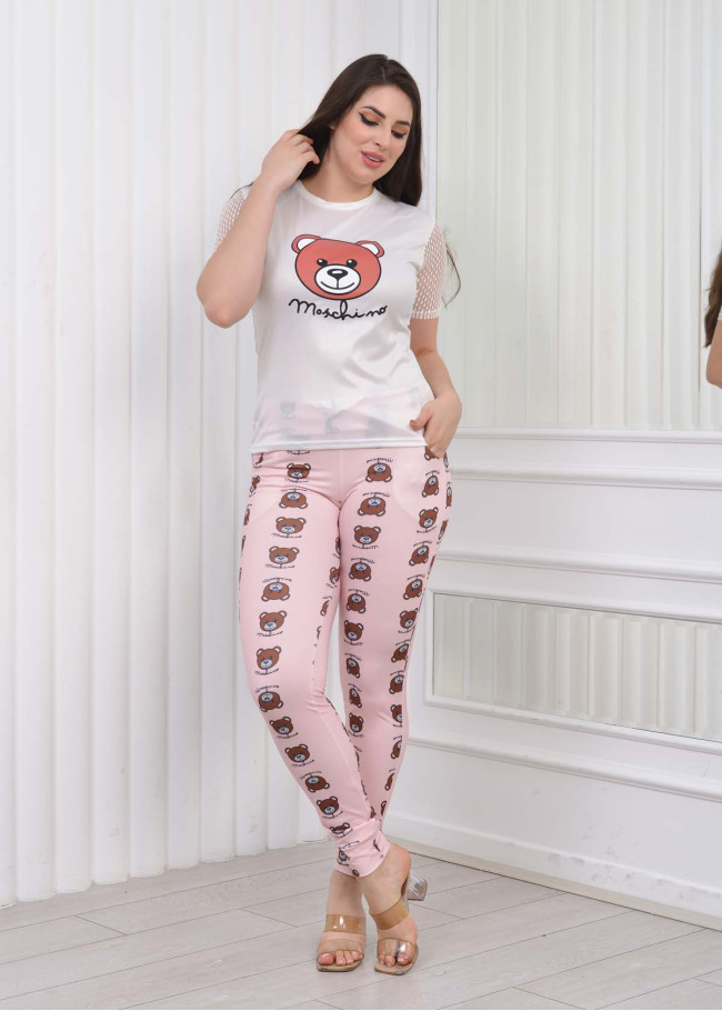 Women's T-Shirt Trousers Pajamas Set with Lace Sleeve 1082 Pembe