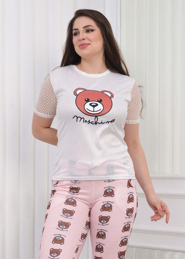 Women's T-Shirt Trousers Pajamas Set with Lace Sleeve 1082 Pembe