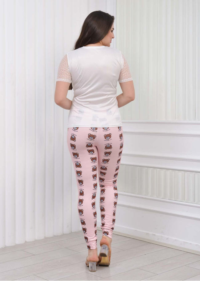 Women's T-Shirt Trousers Pajamas Set with Lace Sleeve 1082 Pembe