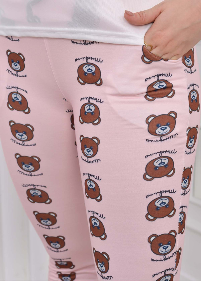 Women's T-Shirt Trousers Pajamas Set with Lace Sleeve 1082 Pembe