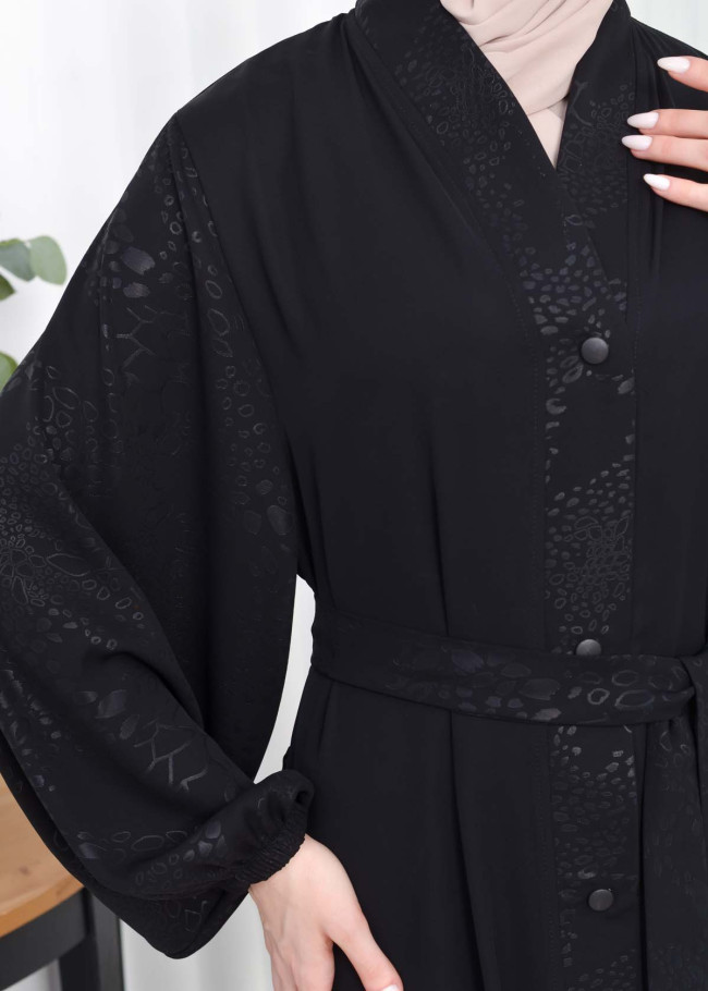 SLEEVE PATTERNED BUTTONED BLACK HIJAB ABAYA CODE 643 Siyah