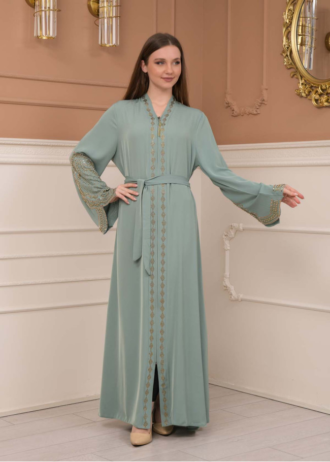 STONE SLEEVE BELT ABAYA 0683 - mint