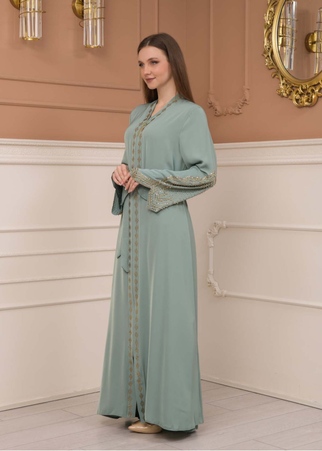 STONE SLEEVE BELT ABAYA 0683 - mint