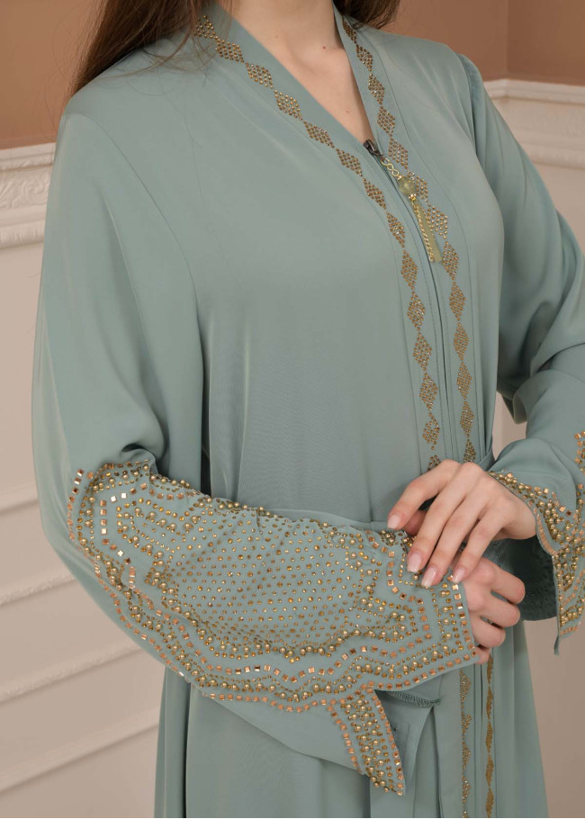 STONE SLEEVE BELT ABAYA 0683 - mint