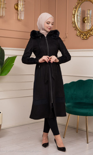 ترانشكوت شامواه مع كبشون فرو قابل للإزالة - كود 1363 - اسود