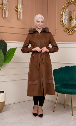 ترانشكوت شامواه مع كبشون فرو قابل للإزالة - كود 1363 - بني