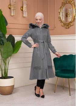 ترانشكوت شامواه مع كبشون فرو قابل للإزالة - كود 1363 - فضي