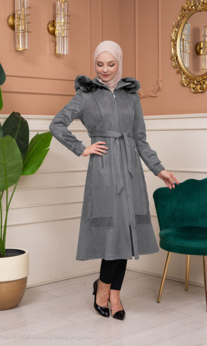 ترانشكوت شامواه مع كبشون فرو قابل للإزالة - كود 1363 - فضي