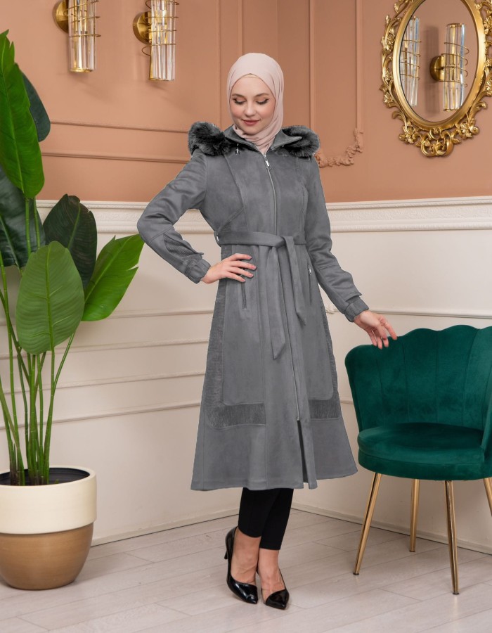 ترانشكوت شامواه مع كبشون فرو قابل للإزالة - كود 1363 - فضي