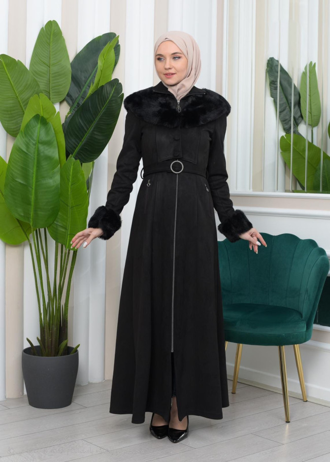 Shaomah Trench Coat with Removable Fur Hood - Code 1362 - black