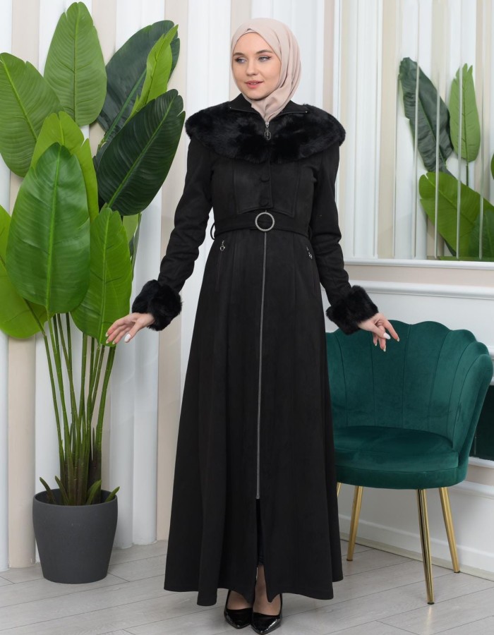 Shaomah Trench Coat with Removable Fur Hood - Code 1362 - black