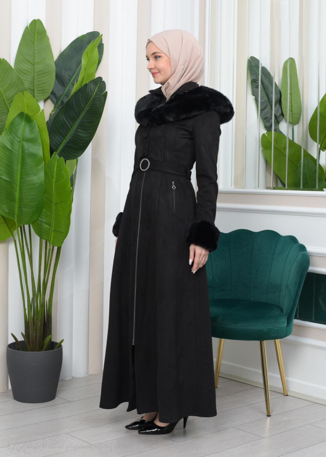 Shaomah Trench Coat with Removable Fur Hood - Code 1362 - black