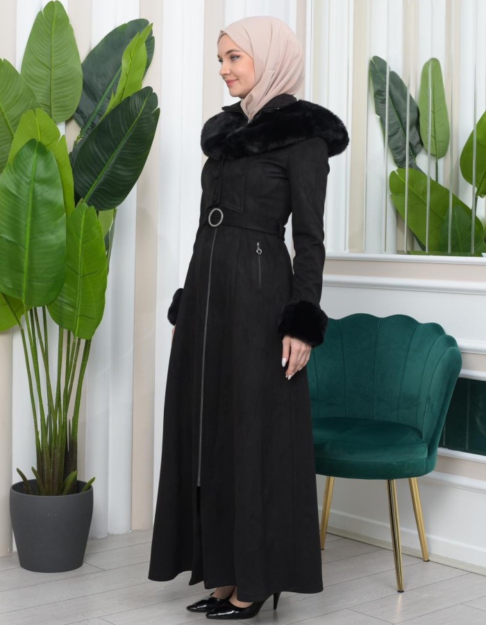 Shaomah Trench Coat with Removable Fur Hood - Code 1362 - black
