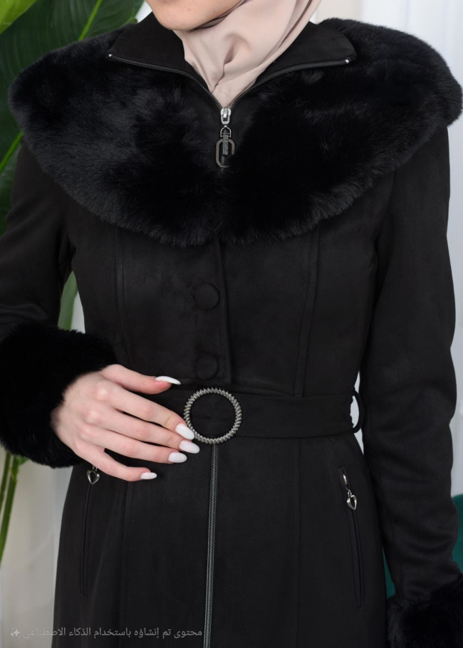 Shaomah Trench Coat with Removable Fur Hood - Code 1362 - black