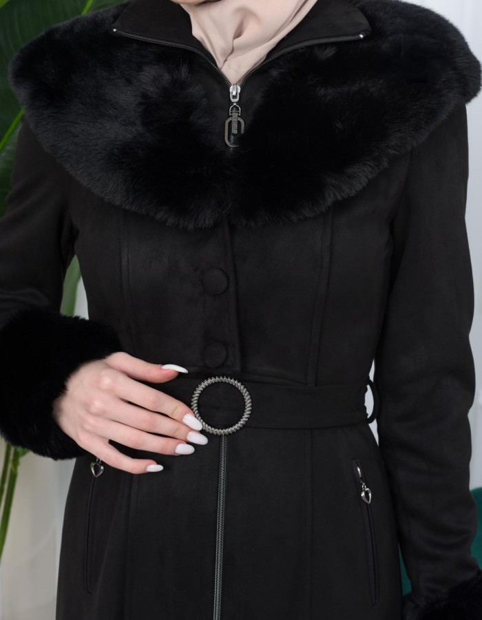 Shaomah Trench Coat with Removable Fur Hood - Code 1362 - black