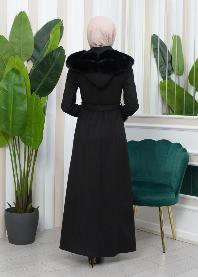 Shaomah Trench Coat with Removable Fur Hood - Code 1362 - black