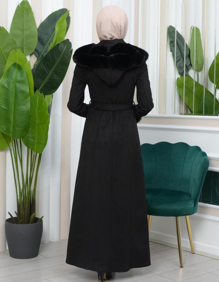 Shaomah Trench Coat with Removable Fur Hood - Code 1362 - black