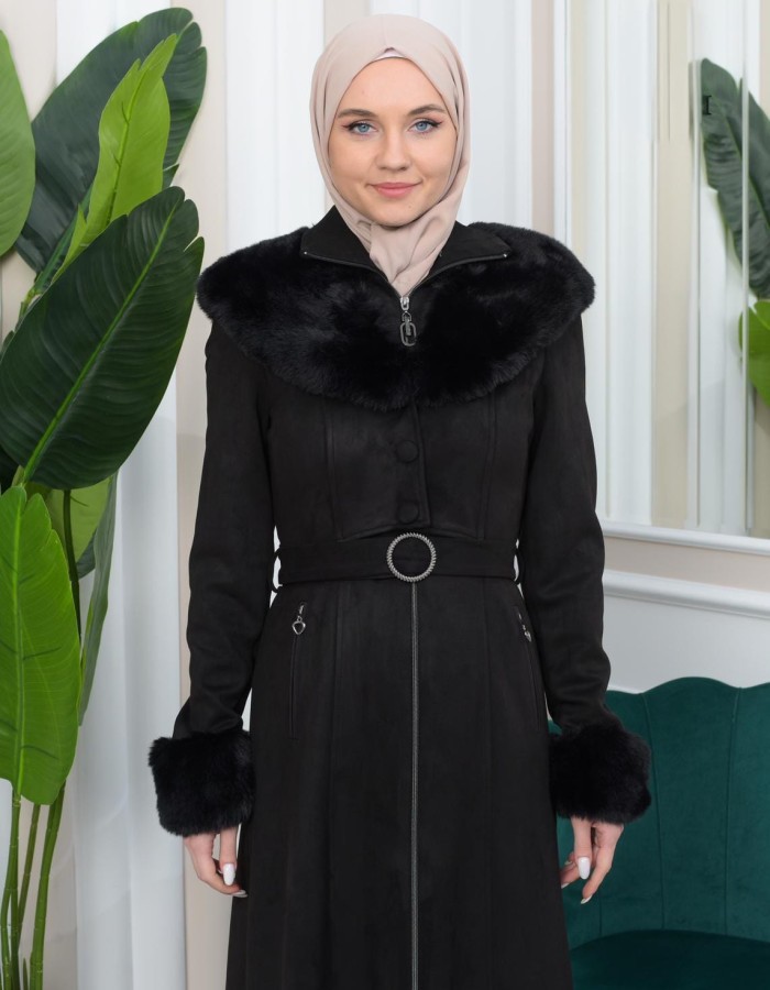 Shaomah Trench Coat with Removable Fur Hood - Code 1362 - black