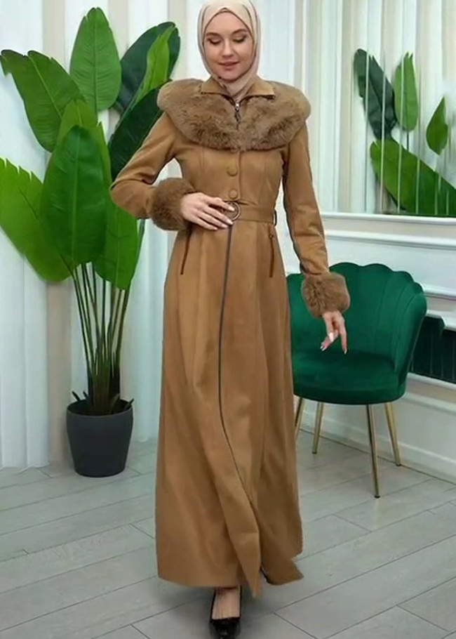 Womens Suede Fur Coat 1362 - tan