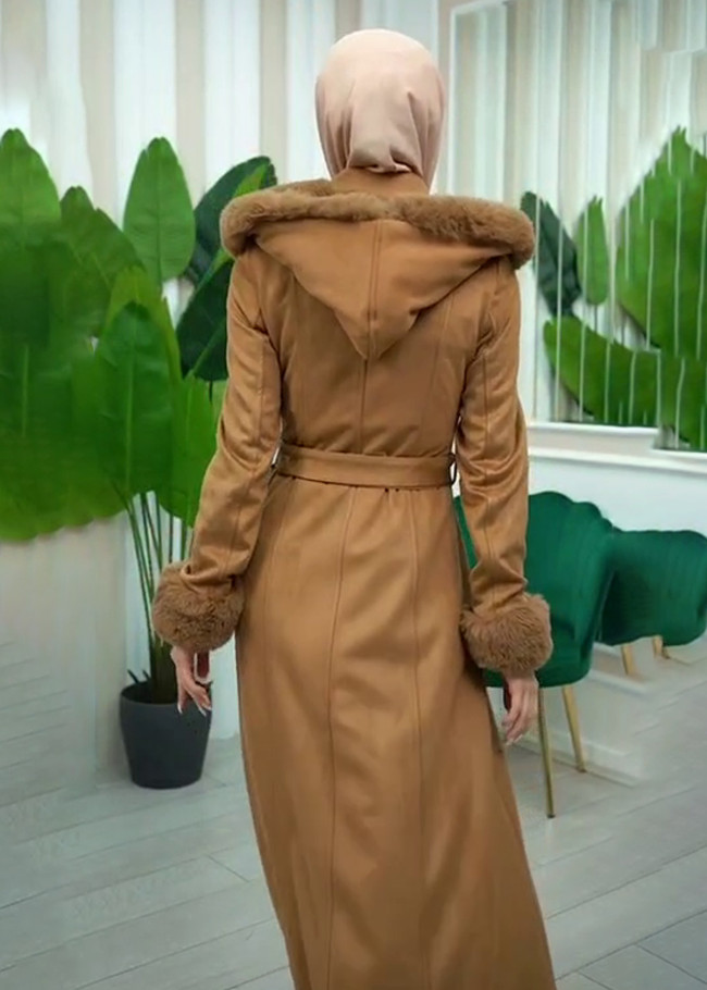Womens Suede Fur Coat 1362 - tan