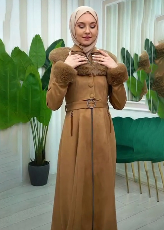 Womens Suede Fur Coat 1362 - tan