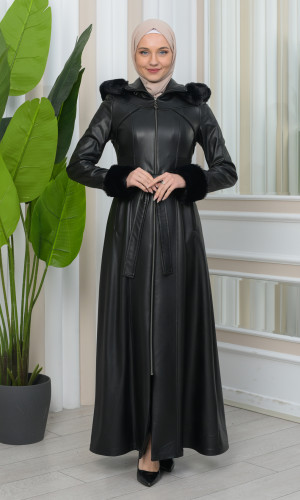 مانطو نسائي جلد شتوي فاخر مع كبيشون فرو قابلة للإزالة 1345 - اسود