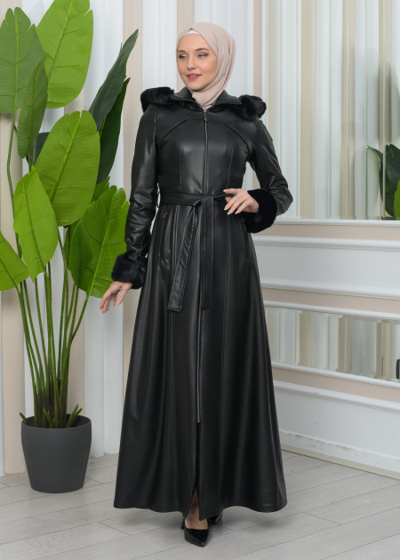 Treated Leather Manto with Fixed Fur Cuffs and Removable Hood 1345 - black - HIJAB CLOTHING - Moda Mix | Moda Mix Treated Leather Manto with Fixed Fur Cuffs and Removable Hood 1345 - black - HIJAB CLOTHING - Moda Mix | Moda Mix