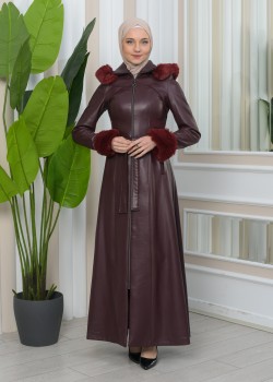 مانطو نسائي جلد شتوي فاخر مع كبيشون فرو قابلة للإزالة 1345 - خمري