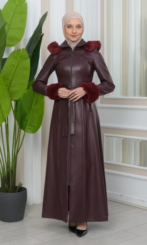 FUR HOODED ZIPPERED Faux Leather Hijab Topcoat 1345 - Bordeaux