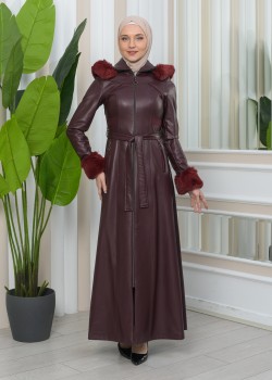 مانطو نسائي جلد شتوي فاخر مع كبيشون فرو قابلة للإزالة 1345 - خمري