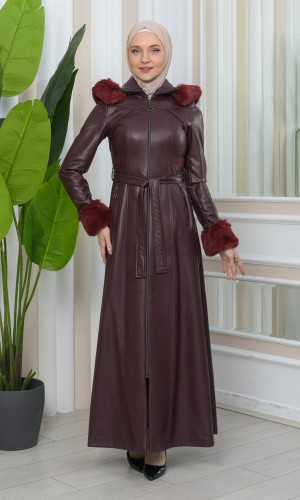 FUR HOODED ZIPPERED Faux Leather Hijab Topcoat 1345 - Bordeaux