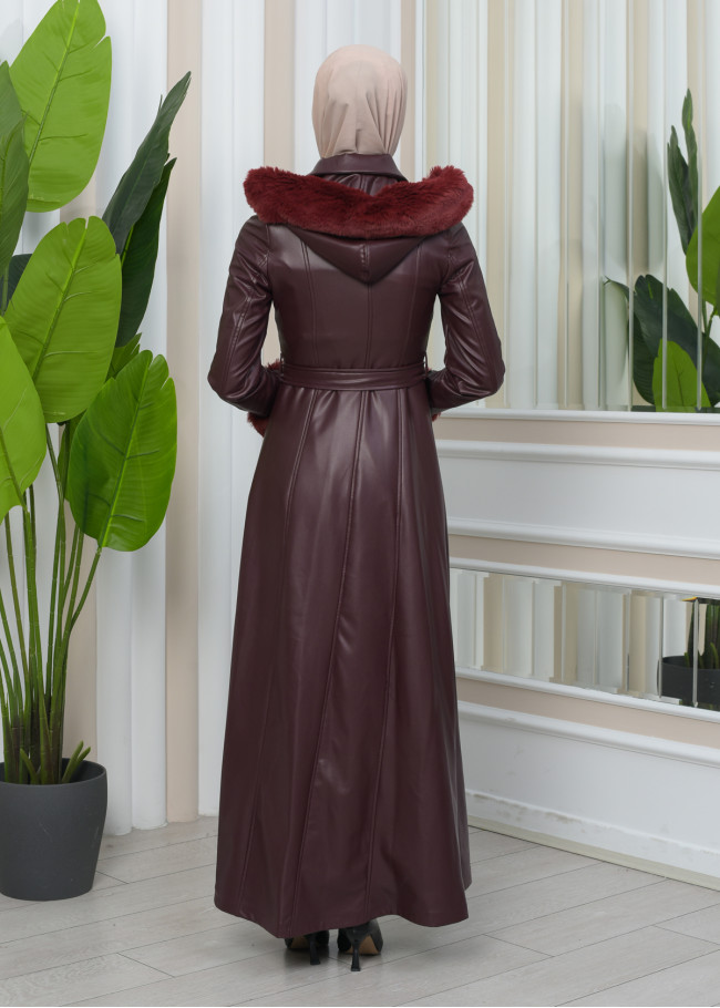 مانطو نسائي جلد شتوي فاخر مع كبيشون فرو قابلة للإزالة 1345 Bordo