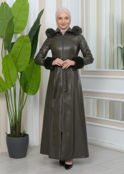 مانطو نسائي جلد شتوي فاخر مع كبيشون فرو قابلة للإزالة 1345 - زيتي