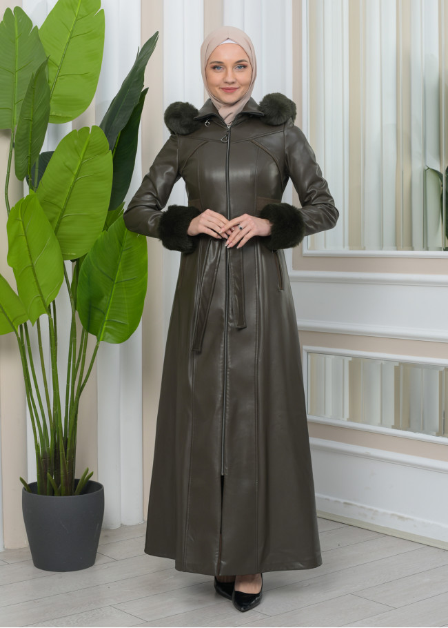 مانطو نسائي جلد شتوي فاخر مع كبيشون فرو قابلة للإزالة 1345 Haki