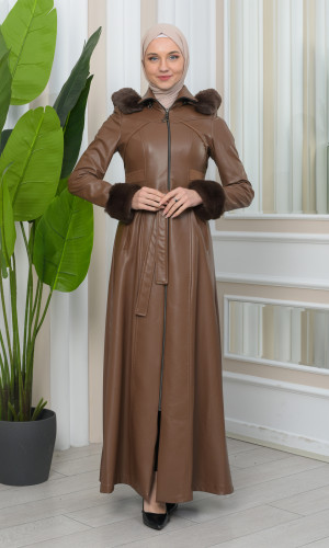 مانطو نسائي جلد شتوي فاخر مع كبيشون فرو قابلة للإزالة 1345 - ترابي