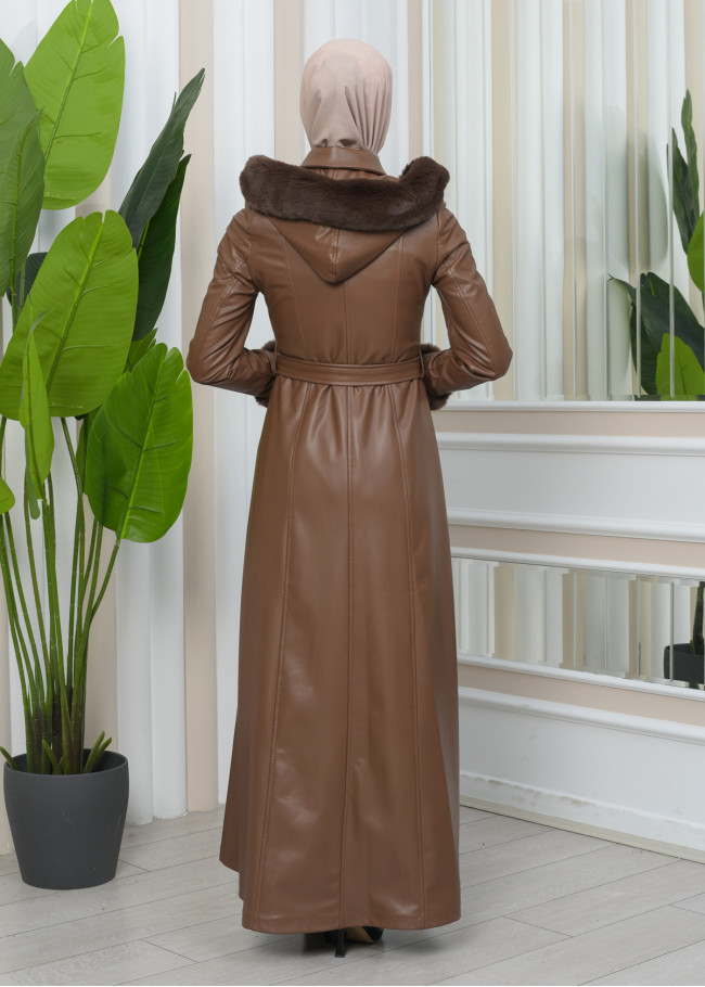 FUR HOODED ZIPPERED Faux Leather Hijab Topcoat 1345 taba