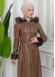 FUR HOODED ZIPPERED Faux Leather Hijab Topcoat 1345 taba