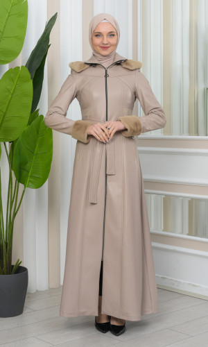 مانطو نسائي جلد شتوي فاخر مع كبيشون فرو قابلة للإزالة 1345 - بيج