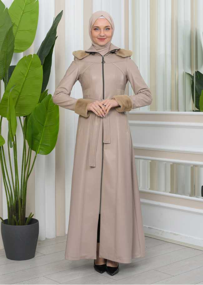 FUR HOODED ZIPPERED Faux Leather Hijab Topcoat 1345 Bej