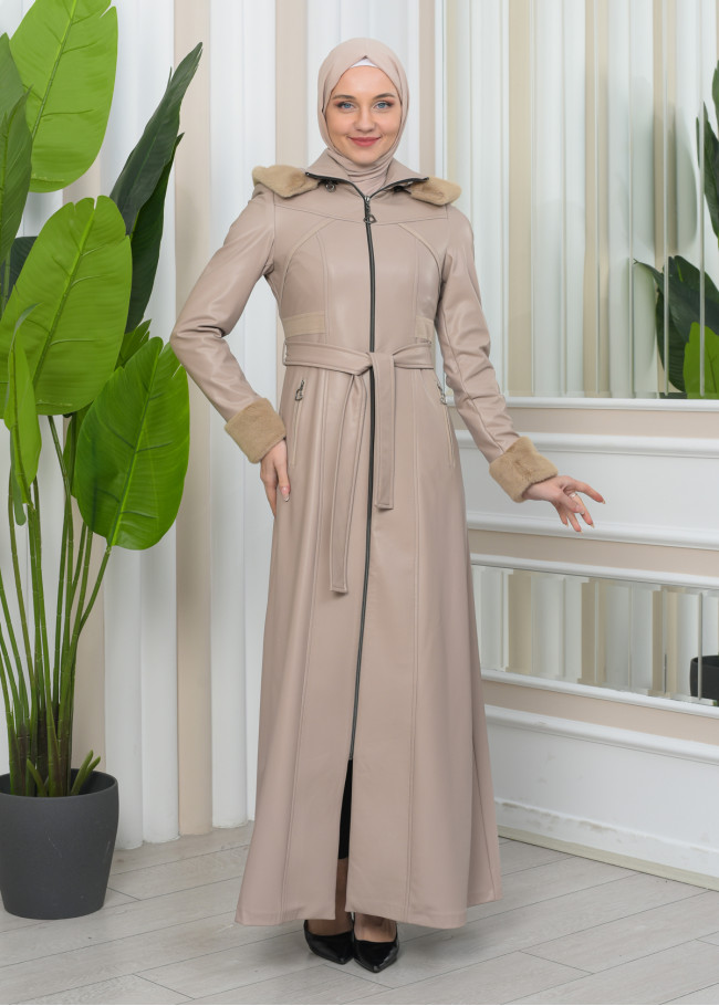 FUR HOODED ZIPPERED Faux Leather Hijab Topcoat 1345 Bej