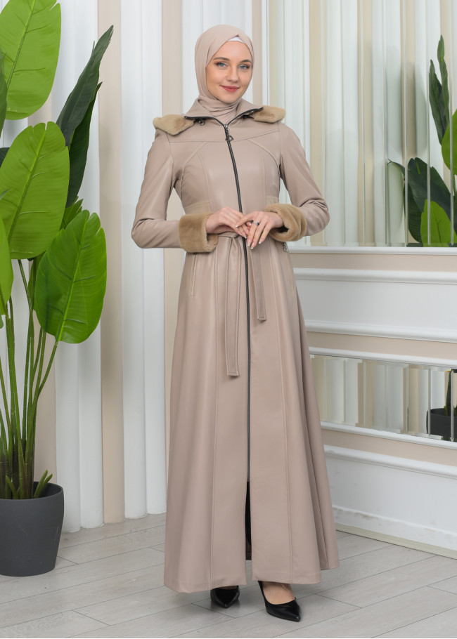 FUR HOODED ZIPPERED Faux Leather Hijab Topcoat 1345 Bej