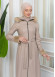 FUR HOODED ZIPPERED Faux Leather Hijab Topcoat 1345 Bej